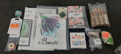 Home Wall Decor - Emerald Jeweled Pin - VSCO Stickers - Crafting Supplies - Disney Mulan Floral Fabric - Bag of American Flag Mini Wooden Fans and Collapsible Cubby Organizer