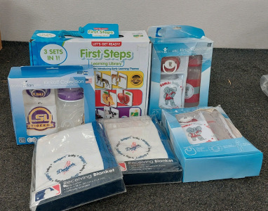 Kickoff Collection. LSU Tigers Baby bottle set w/ Bib & Pacifier. x2 sets of Bama Baby bottle sets w/ Bib & Pacifier. x2 Dodgers Baby Receiving Blankets. Includes a 3 in 1 First steps Learning Library Toy for ages 2+.