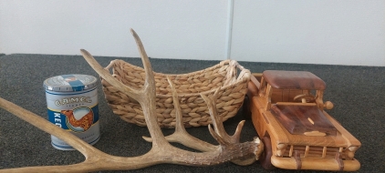 Wooden Truck, Woven Basket, Antler Decor & Camel Keg Cigarette Holder