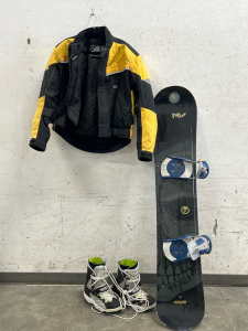 Snowboarding Galore! Santa Cruz Board with Skull Design, Oxygen Boots (men&rsquo;s 12), Cortech Tour Master Coat (men&rsquo;s large).