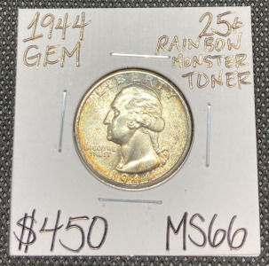 1944 MS66 Rainbow Toning Silver Quarter
