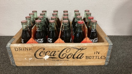 Vintage Wooden CocaCola Crate with (3) Vintage 8-Packs Filled Glass Bottles