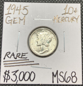 1945 MS68 Rare Gem Silver Mercury Dime