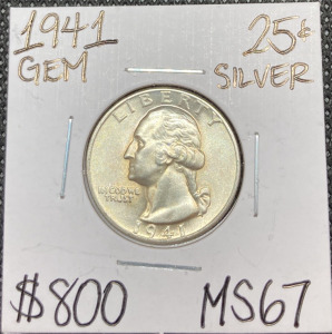 1941 MS67 Gem Silver Washington Quarter