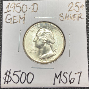 1950-D MS67 Gem Silver Washington Quarter
