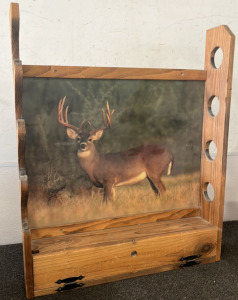 Wood Hanging 4 Gun Rack W/ Deer Print and Shelf