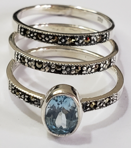 Silver 3 Stackings Blue Topaz Marcasite Ring