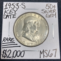 1953-S MS67 RARE Key Date Franklin Half Dollar