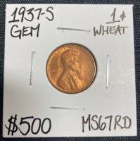 1937-S MS67RD Gem Wheat Copper Penny