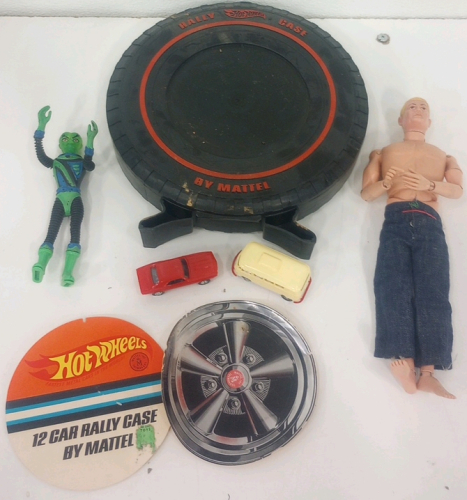 (1) Original 1964 G.I. Joe Action Figure (1) Vintage Hot Wheels Rally Case (2) Toy Cars (1) Major Matt Mason Callisto Alien Friend from Jupiter 1968 Action Figure