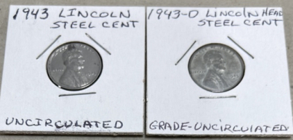 (1) 1943-D Lincoln Head Steel Cent Piece, (1) 1943 Lincoln Head Steel Cent Piece. Both Uncirculated