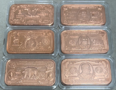 (6) 1 Ounce .999 Fine Copper Commemorative Bars $1.00, $2.00, $10.00, $50.00, $100.00, $1000.00 Markings