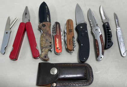 (8) Various Folding Knives… Gerber, Winchester, Ozark Trail +, (1) Red Handled Multitool,