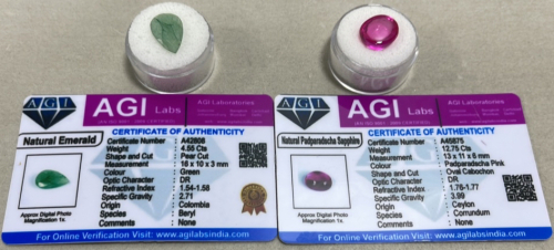 (1) 12.75ct Natural Padparadscha Sapphire Oval Cabochon, (1) 4.55ct Natural Emerald Pear Cut And Faceted. Both W/ AGI Labs COA