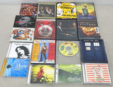 (8) DVD Movies… A Beautiful Mind, Napoleon Dynamite, Doctor Who Series And More, (9) Music CDs… Imogene Heap, Juno Soundtrack, SpongeBob, Regina Spector And More