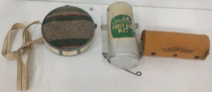 (1) Antique Bullard Cylindrical First Aid Kit With Kit Included (1) Vintage Wool Wrapped Canteen