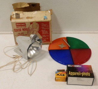 (1) Vintage Penetray Motorized Color Wheel Decoration (1) Bell Howell Apparel-Photo Camera With Case and Film