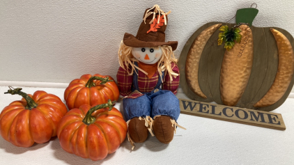 Fall Decor: Pumpkin Welcome Sign, Small Scarecrow, (3) Pumpkins