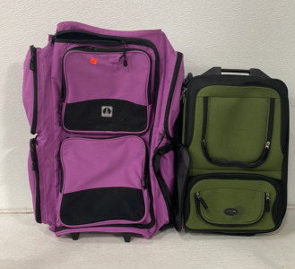 (1) Pink Travel Pro 20’’ x 28’’ Rolling Suitcase, (1) Green 14’’ x 23’’ Travel Suitcase