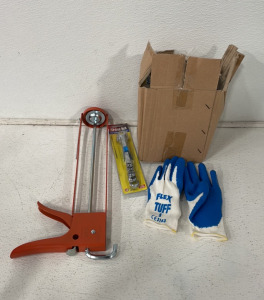 (1) Great Neck 5 Pc. combination Wrench Set, (1) Orange Newborn Caulking Gun, (1) Box Of Small Flex Tuff Work Gloves