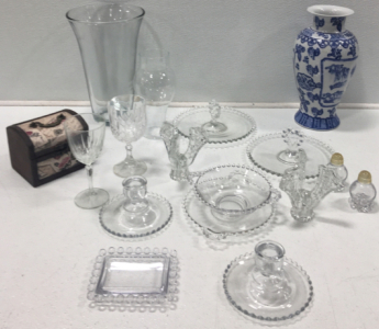 Vases, Small Box, Wine Glasses, Assorted Glassware