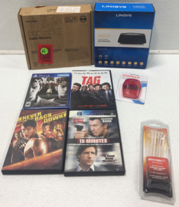 (3) DVDs,(1) PS4 Game, WIFI- Router, Cable Modem, Pencil Sharpener, Oil Lamp Wicks