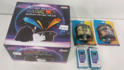 (1) Prextex Magician Costume Set For Kids (2) LIGHT UP Photo Displays (2) Sunway Cell Phone Shaped Electronic Calculators