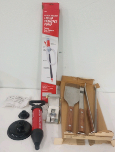 (1) Sears 3-Piece Grill Barbaque Utensils Set (1) Bailey's Point Wrist Watch (1) Turbo-Plunger Toilet Plunger Pump (1) Battery Operated Liquid Transfer Pump