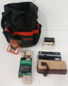 (1) 36-Pocket Craftsman Round Bucket Tool bag (1) Eletricord 6-Oulet Power Strip (1) Power wind 1200z Camera With Carry Case (1) Vintage Keystone 8mm Viewer