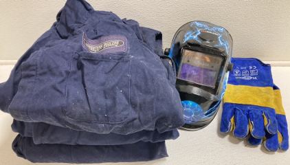 Welding Mask and Gloves, (3) “Western Trailers” Coveralls