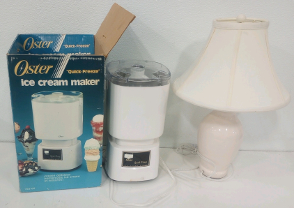 (1) Oster Quick Freeze Ice Cream Maker (1) 21" Ceramic Table Lamp