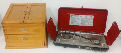 (1) Century Pressure Regulated Propane Stove (1) Wood 2-Drawer Cabinet With Office Supplies