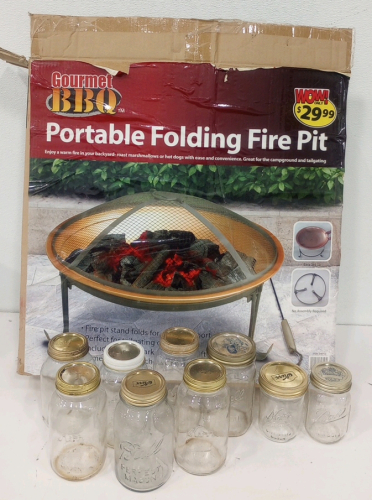 (1) Gourmet 24" BBQ Portable Folding Fire Pit (7) Kerr and Ball 1-Qt Canning Mason Jars (2) 1-Pint Kerr and Ball Canning Mason Jars