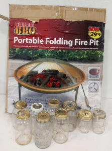 (1) Gourmet 24" BBQ Portable Folding Fire Pit (7) Kerr and Ball 1-Qt Canning Mason Jars (2) 1-Pint Kerr and Ball Canning Mason Jars