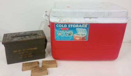 (1) .30 Caliber Cartridges Metal Ammo Can Empty (3) Vintage US Army First aid Packets (1) 20" x 13" x 16" Rubbermaid 48-Quart Ice Cooler