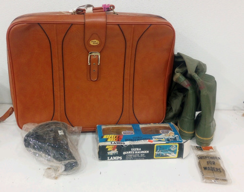 (1) Vintage 27" x 23" x 8" Park Vista Luggage Bag (1) Pair Of Storm Pup Insulated Waders With Suspenders (2) Brite Boy Ultra Quartz Halogen Lights (1) Vintage Spring Bicycle Seat