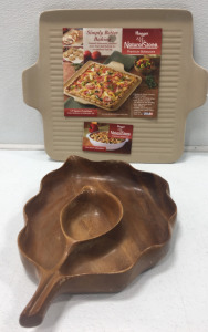 Natural Stone Baking Pan, Wood Leaf Serving Bowl