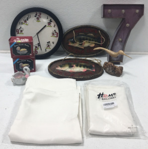 (2) Swan Candle Holders, Number 7, Mickey Mouse Clock, (2) Welcome Home Fish Signs And More