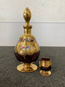 Gold Toned Decorative Decanter And Cup