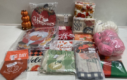 Assorted Fall and Thanksgiving Decor: Pumpkins, Pillow Covers, Table Covers, Garden Flags, Yard Signs and more