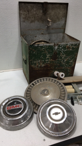 Vintage Box, Hubcaps And Skateboard