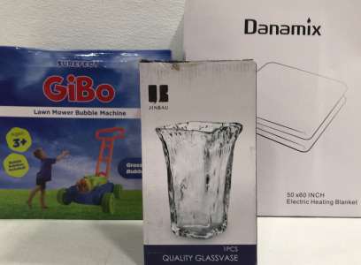 (1) Danamix 50x60 Electric Heating Blanket (1) Jinbau Glass Vase (1) GiBo Lawnmower Bubble Machine & More!!