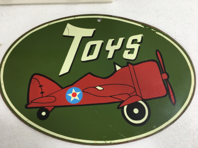 Metal Oval “Toys” Sign Single Engine Airplane 16” x 11.24