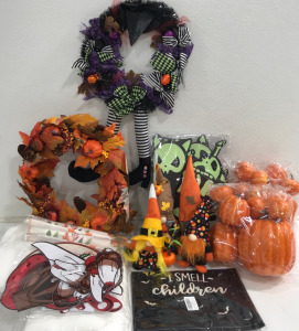 Adorable Halloween Items!! (4) Gnomes (2) Assorted Size Pumpkins (2) Wreaths & Much More!!