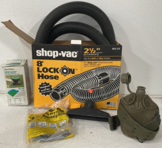 (1) Shop Vac With 8’ Lock On Hose And 2 1/2’’ Accessory, (1) Rain Bird Medium Gallonage Pop-Up Sprinkler 43’ - 49’ Spacing, (1) Vintage Army Green Water Canteen