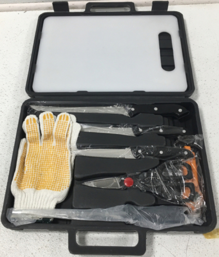 8 Piece Fillet Knife Set Includes 3 knifes, Knive Sharpner, Scissors, Gloves, Fish Scale, Cutting Board