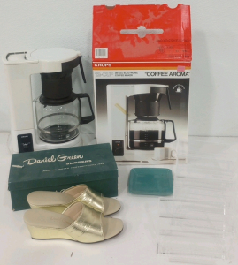 (4) Clear 7" x 5" Jewelry Racks (1) Pair Daniel Green Women's Slippers (1) Krups 12-Cup Coffee Aroma Coffee Maker