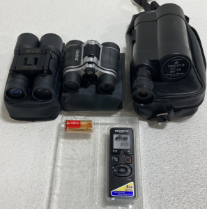 (2) Binoculars, (1) Monocular, (1) Olympus 4GB Recorder