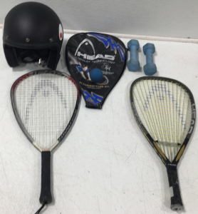 (2) Head I-165 Racquetball Racquet With Ball and Bag, Biltwell Bonanza Helmet, Set Of 3 Pound Weights