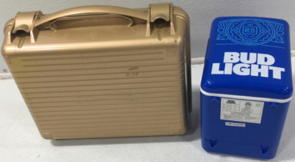 (1) Gold Gems Case, (1) 6 Can Mini Budlight Electric Beverage Cooler With No cord